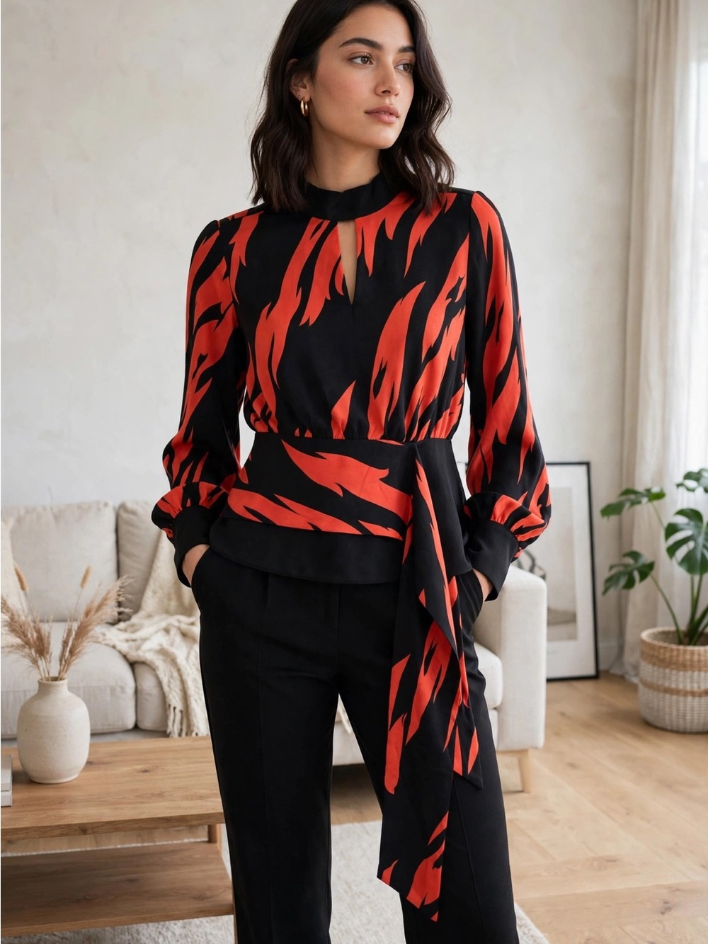 Aqua Black Blouse with Red Abstract Tie-Waist Detail